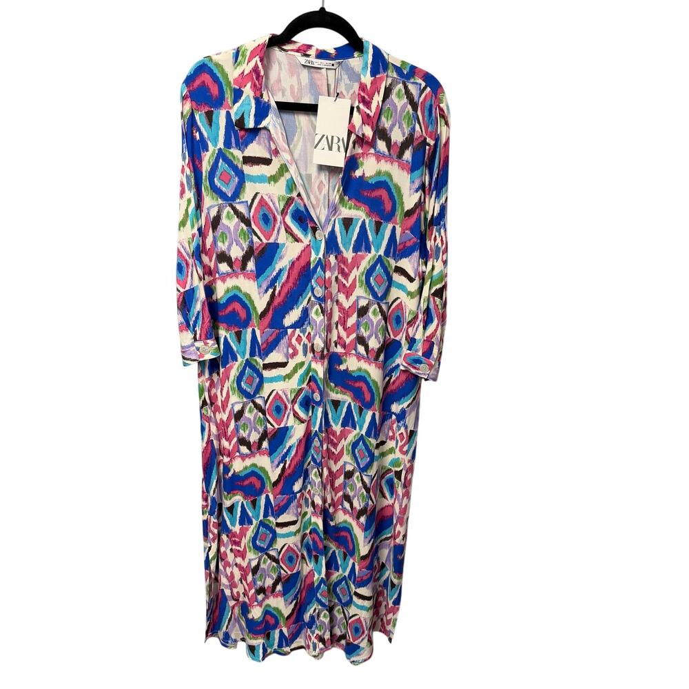 NWT Zara Abstract Print Button Front Tunic Maxi Dress Blue Pink Womens Large